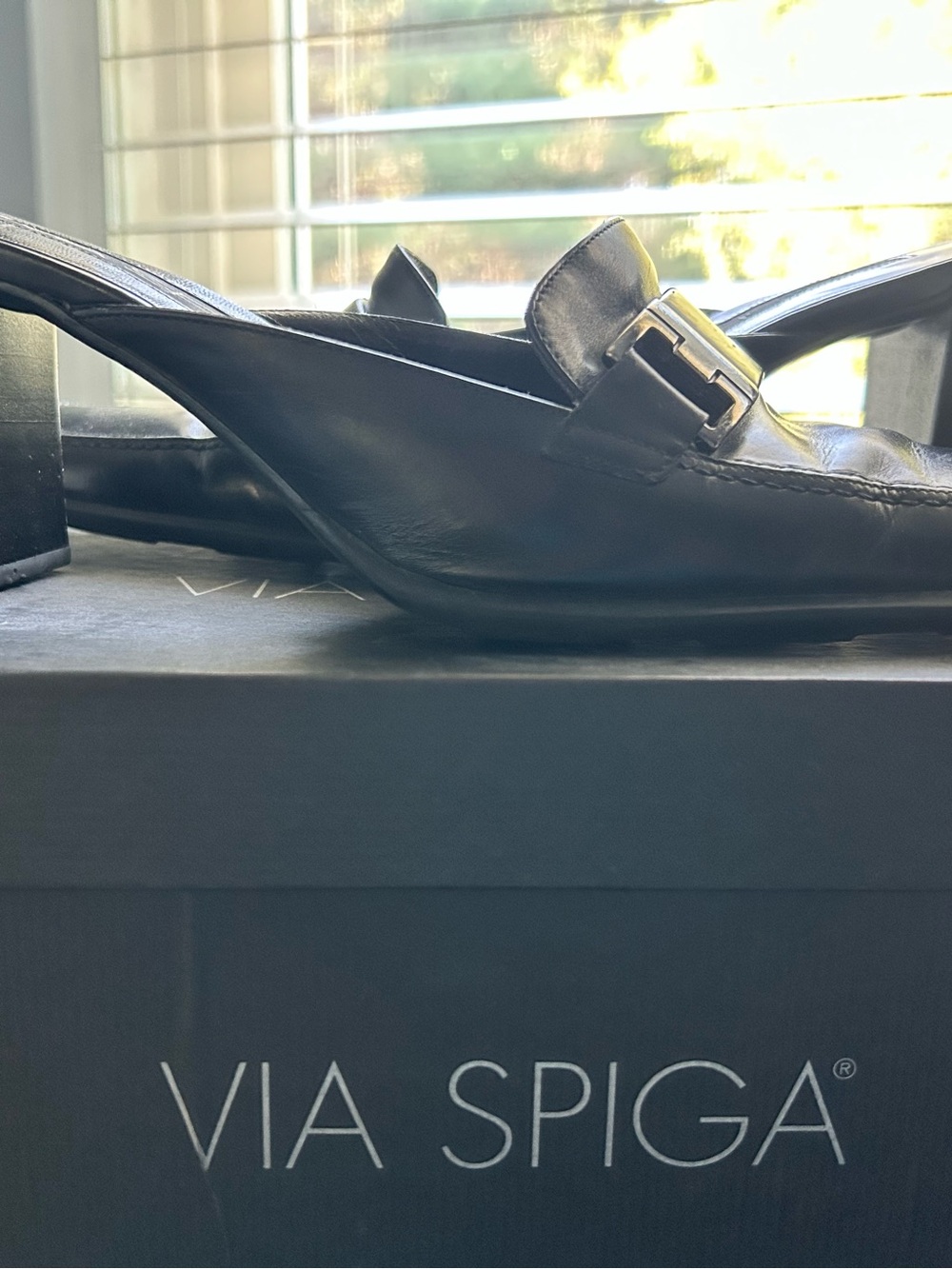 Via Spiga Black Leather Slip-On Mules with Silver Buckle
